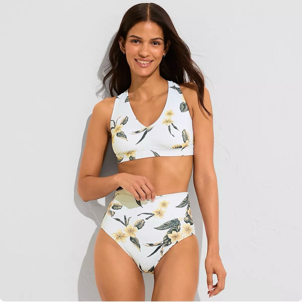 Lands end V-Neck Bikini Top Floral Black - Picture 1 of 4